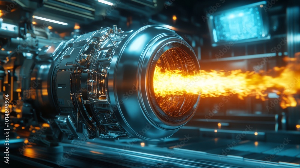 Poster a sleek jet engine designed with advanced technology releases bright flames in a modern laboratory