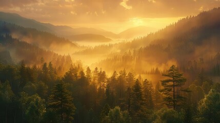 Fototapeta premium Misty mountains at sunrise, invigorating morning light, forest foreground, golden glow, serene and enchanting