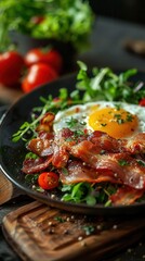 Nourishing meal with crispy bacon, sunnysideup eggs, and fresh salad, vibrant and colorful, detailed textures, bright natural lighting, eyelevel view