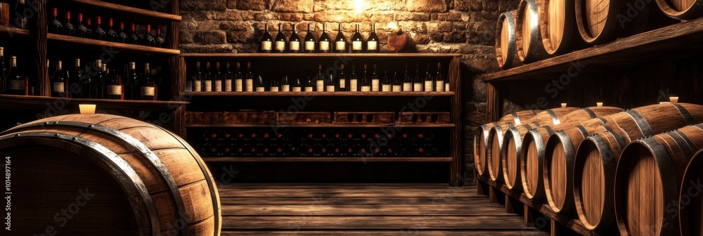 Poster a rustic wine cellar featuring wooden barrels and shelves filled with fine wine bottles for enthusia