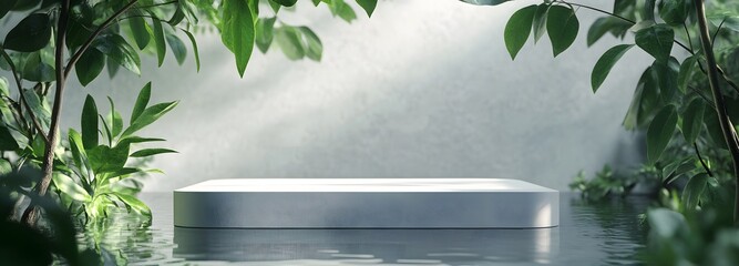 1. A minimalist podium stage design featuring a blank display area surrounded by lush green tree leaves and a tranquil water backdrop, creating a clean and clear space for showcasing products in an