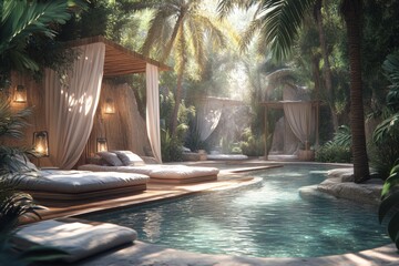 Escape to Paradise Romantic Poolside Retreat with Palm Trees and Cozy Cabanas, Tropical Getaway for Two, Luxury Vacation in a Lush Oasis