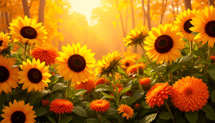 Fototapeta premium Vibrant sunflowers and orange flowers in warm autumn landscape with soft sunlight and copy space