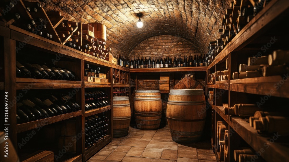 Poster a cozy wine cellar featuring wooden barrels and orderly shelves filled with various bottles of wine 