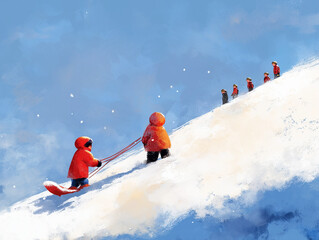 Childhood Joy: A Child Pulling a Sled Up a Snowy Hill, Bundled in Warmth