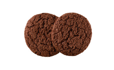 Two chocolate brownie cookies with cracks isolated, top view. Round american chocolate cookies isolated on white background, top view.