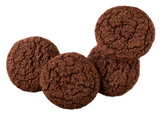 Chocolate brownie cookies with cracks isolated, top view. Round oatmeal cookies isolated on a white background , top view.