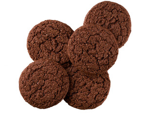 Chocolate brownie cookies with cracks isolated, top view. Round oatmeal cookies isolated on a white background , top view.