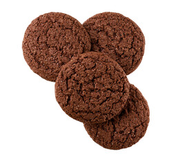 Chocolate brownie cookies with cracks isolated, top view. Round oatmeal cookies isolated on a white background , top view.