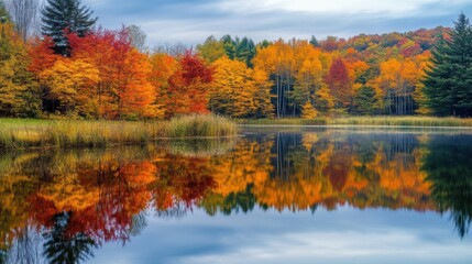 Tranquil lake surrounded by autumn foliage, the reflection of colorful trees in the water, nature's beauty