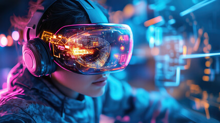 Immersive Holographic Gaming Experience in a Neon-Lit Arena, Capturing a Gamer in Action with Futuristic Technology and Multiplayer Interaction