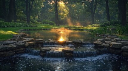 Scenic view of a tranquil pond with ducks, viewed from a distance, emphasizing the peacefulness of the setting 
