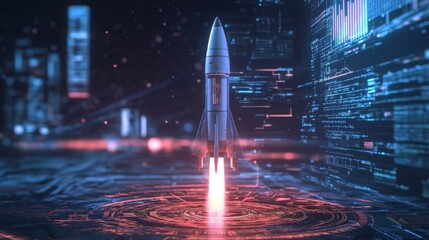 A rocket is taking off with bright flames and smoke, surrounded by a vibrant futuristic digital landscape and glowing city elements