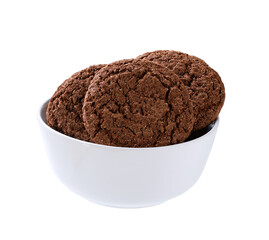 Chocolate brownie cookies with cracks in a ceramic plate isolated on white background, full depth of field.