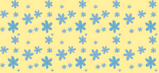 Big and Small Blue Seamless Floral Pattern with Light Yellow Background