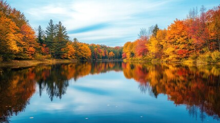 Obraz premium Tranquil lake surrounded by autumn foliage, the reflection of colorful trees in the water, nature's beauty