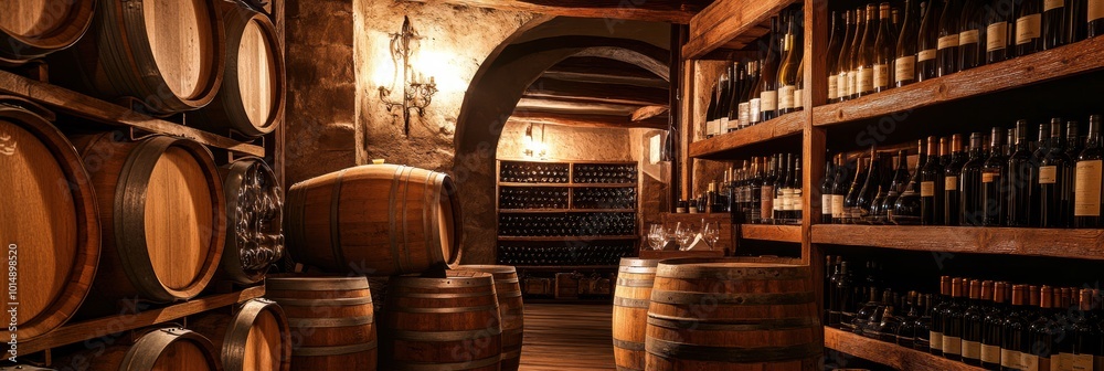 Poster Wooden barrels and wine bottles arranged neatly inside an elegant wine cellar with rustic charm. Generative AI