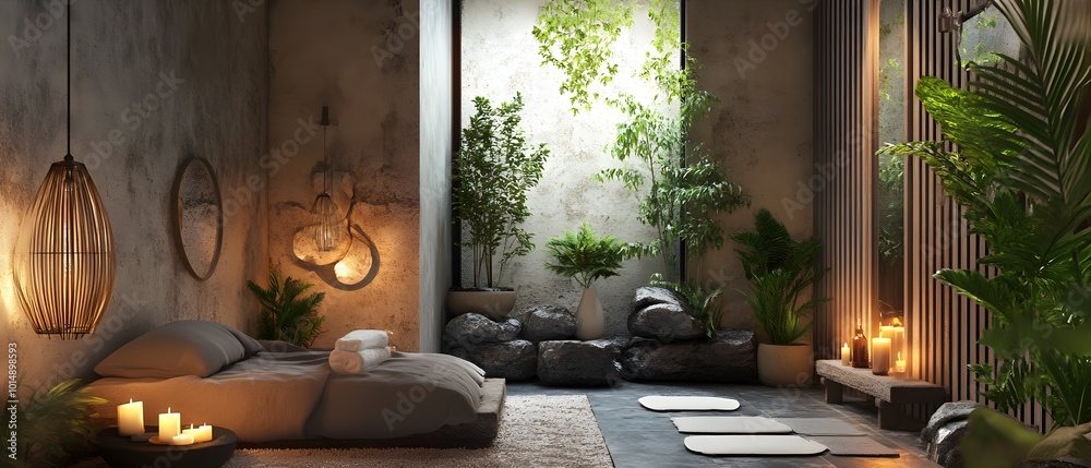 Poster serene healing space with greenery and soft lighting