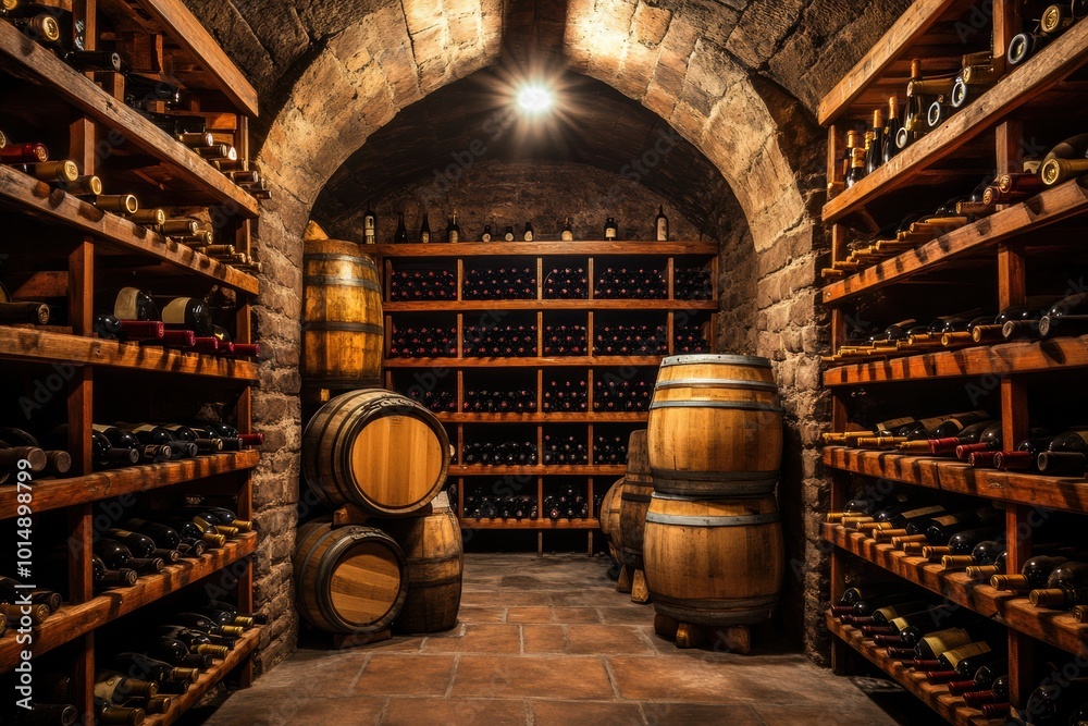 Aufkleber Exploring a rustic wine cellar with wooden barrels and shelves filled with an extensive collection of wine bottles. Generative AI