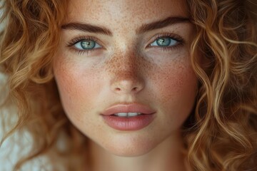 closeup portrait of a beautiful nordic woman with curly hair and freckles exuding natural beauty and confidence captured against a soft neutral background