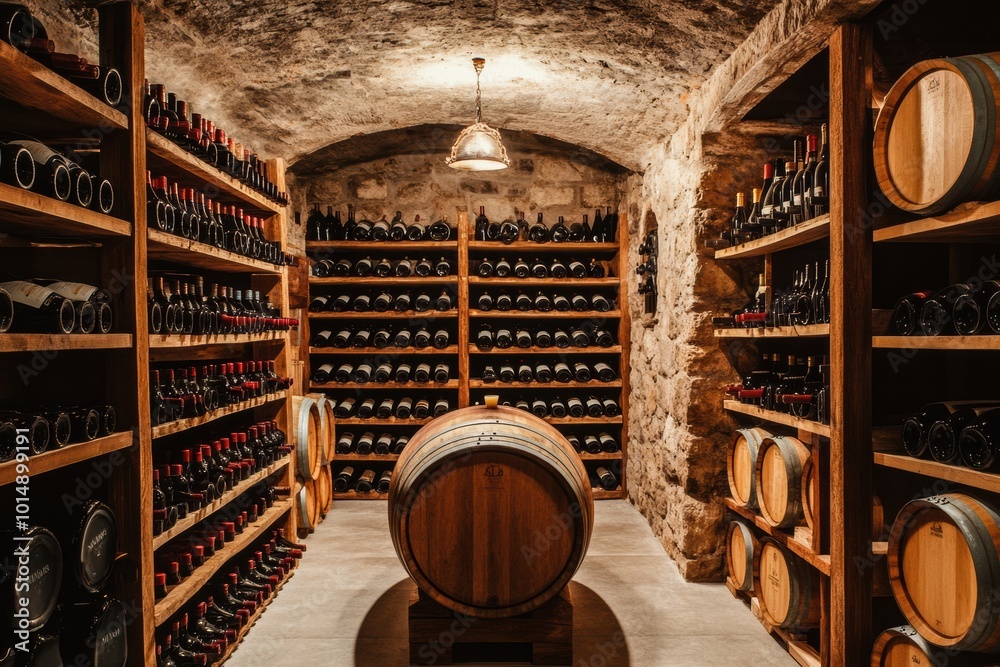 Aufkleber explore a rustic wine cellar featuring oak barrels and shelves brimming with an assortment of meticu