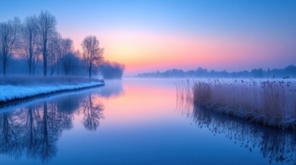 Serene lake at dawn with mist rising from the water, viewed from a distance, capturing the calmness and soft pastel colors of morning 