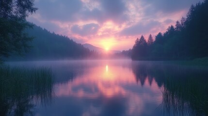 Serene lake at dawn with mist rising from the water, viewed from a distance, capturing the calmness and soft pastel colors of morning 