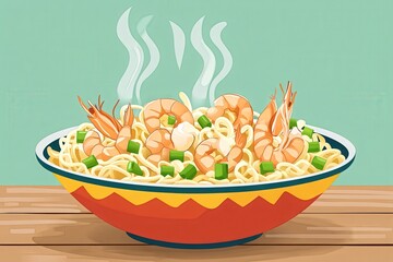 Illustrated Bowl of Shrimp Noodles Steaming