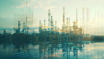 Fototapeta premium In creative graphic design, future factory plant and energy industry concept. Refineries for oil, gas, and petrochemicals with double exposure showing future power and energy industry