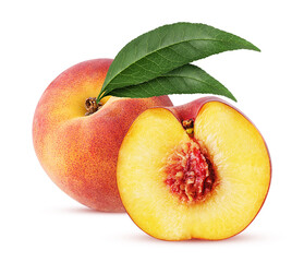 Peach fruit one cut in half with green leaf