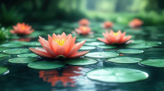 Serene pond with lily pads, captured from a close angle, highlighting the tranquility and beauty of nature 