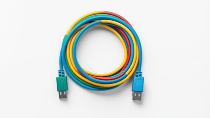 A colorful USB cable coiled on a white background, designed for data transfer and charging.