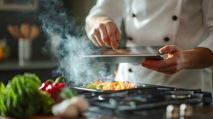 Chef controlling a smart stove with a tablet in a tech savvy kitchen, smart kitchen, tech enhanced cooking