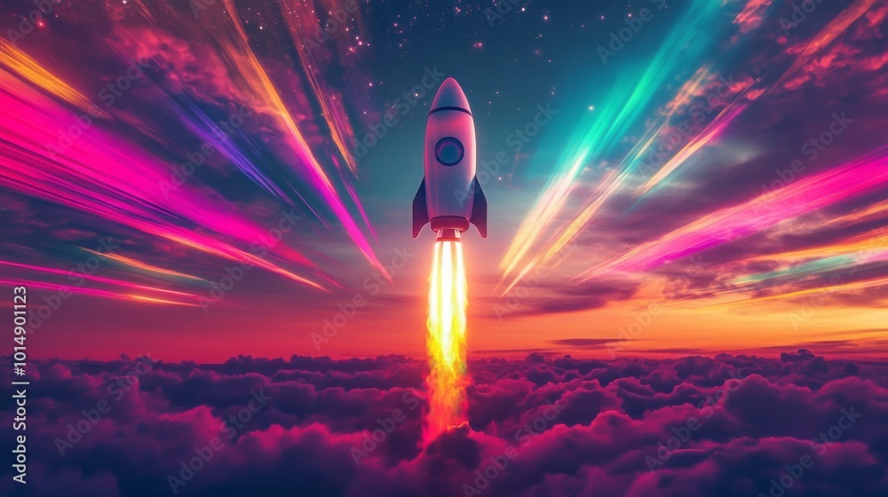 Poster a white rocket with a round window is shown launching into the night sky. it is surrounded by a vibr