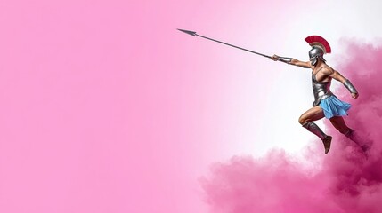 Spartan Warrior in Action Against Pink Background