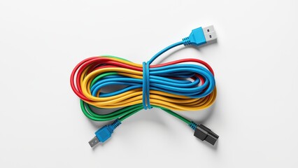 A colorful USB cable coiled neatly with multiple connectors for data transfer and charging.