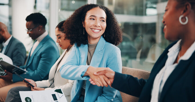 Happy, business and women with handshake for interview, candidates introduction and recruitment welcome. Smile, people and finance documents for hiring, agreement and opportunity deal of b2b process