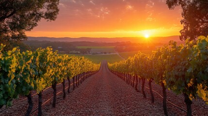 Naklejka premium Scenic vineyard during sunset, shot from a distance, showcasing rows of grapevines against a vibrant orange sky 