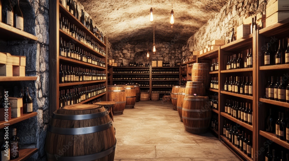 Aufkleber A spacious wine cellar featuring wooden barrels and shelves filled with assorted wine bottles in a rustic setting. Generative AI