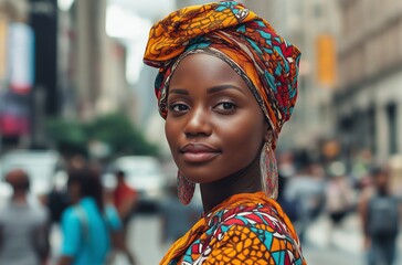 Beautiful african woman wearing traditional clothes smiling in a big city