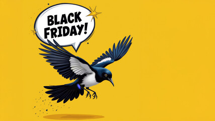 Fototapeta premium Black animals calling for Black Friday sale. Flying magpie isolated on yellow background. Marketing, promoting deals, boosting sales concept.