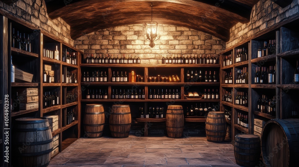 Poster a rustic wine cellar showcasing wooden barrels and neatly arranged shelves filled with a variety of 
