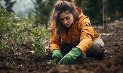A woman planting trees in the mountains, wearing an orange jacket and green gloves