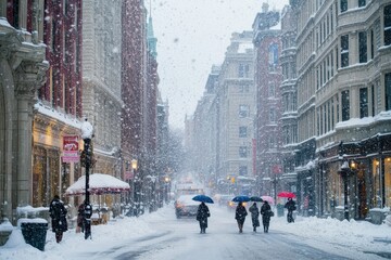 Fototapeta premium Snowy Urban Street Scene with People and Umbrellas