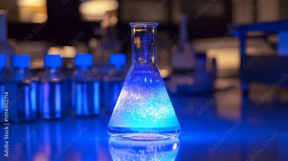 Poster a laboratory flask contains a luminous liquid that radiates a blue glow, surrounded by various small