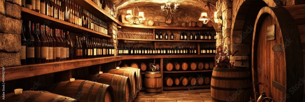Poster A rustic wine cellar featuring wooden barrels and neatly stacked shelves filled with fine wine bottles. Generative AI