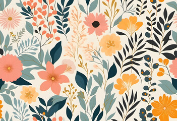 Seamless floral pattern with bright spring flowers on a white background.
