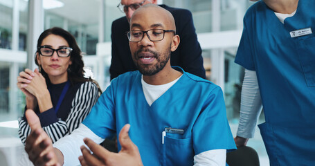 People, medical team and support in collaboration, advice and discussion for surgery or patient records. Doctor, consulting and professional opinion for help, results and health in clinic or hospital