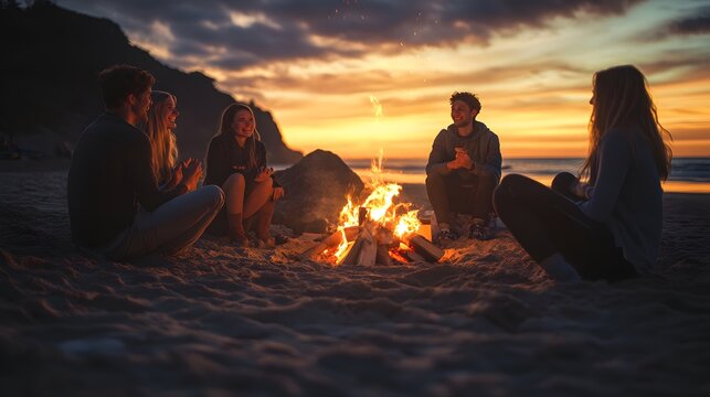 Friends laughing around a bonfire at the beach as the sun sets on a perfect Sunday, Sunday bonfire, weekend memories