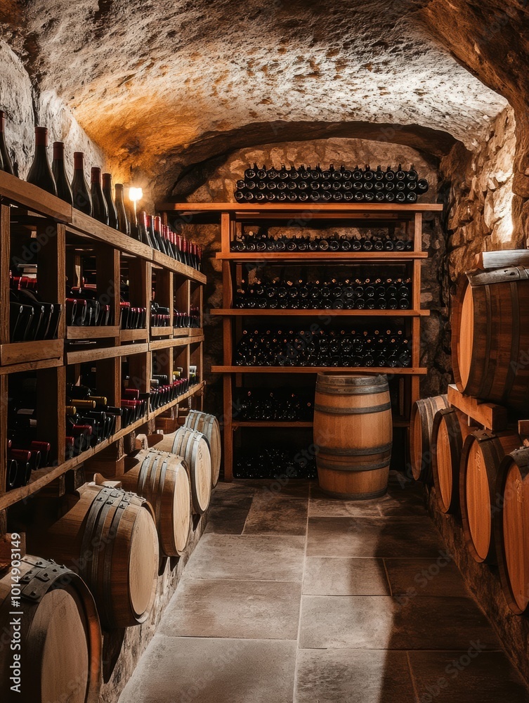 Poster a beautifully arranged wine cellar featuring wooden barrels and neatly stacked shelves filled with v
